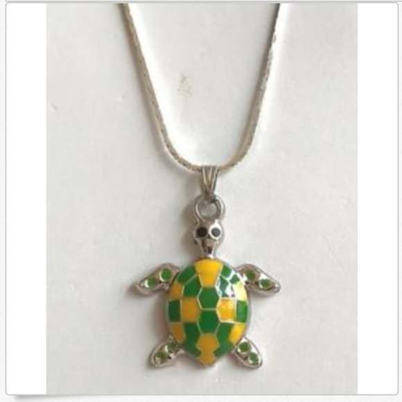 Sea Turtle Necklace Yellow Green Sea Life Island Nautical Silver Plated Pendant - Picture 5 of 8
